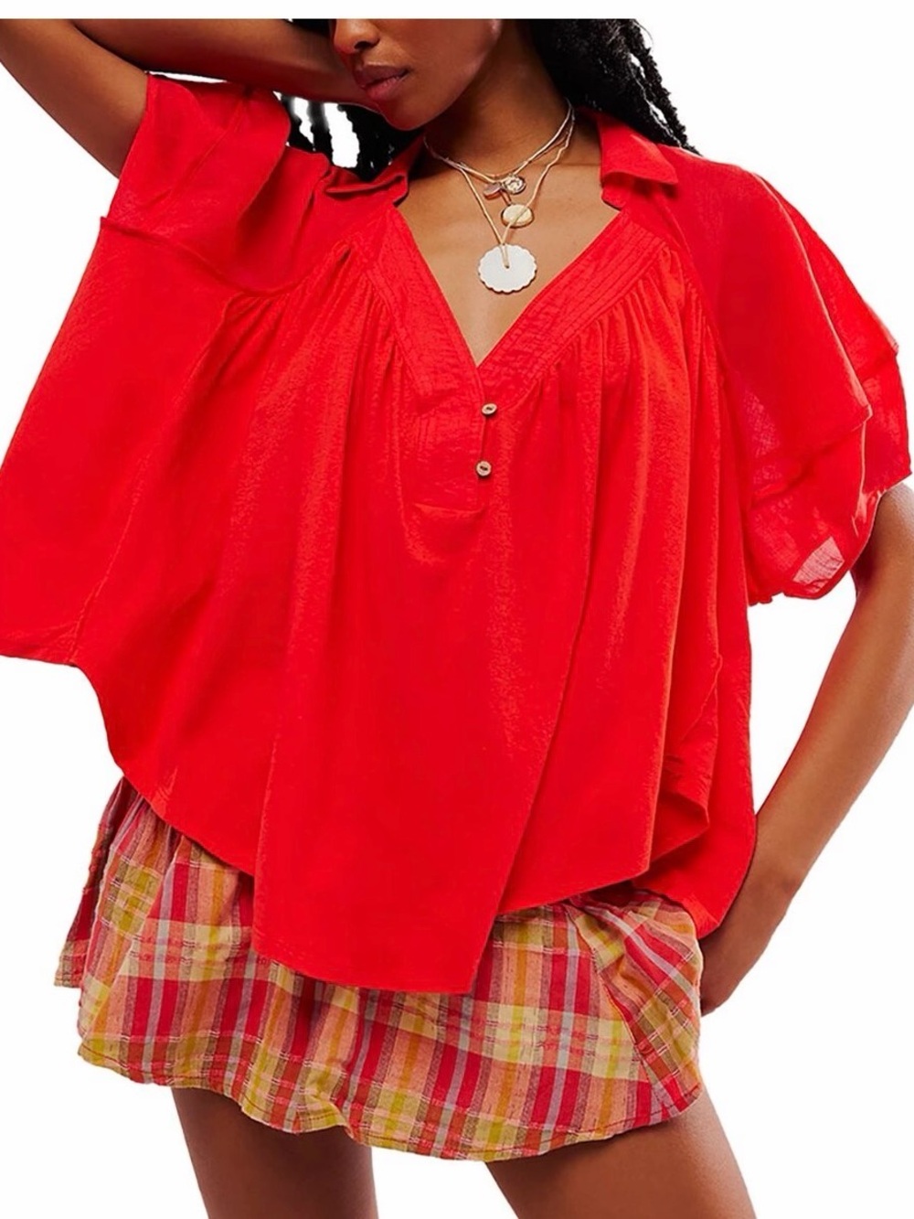 We The Free Bright Red V-Neck Flowing Tunic Top. Sunray Babydoll top. Size M
